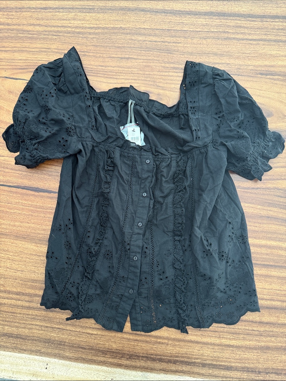 Anthropologie Black Eyelet Ruffle Button-Front Blouse